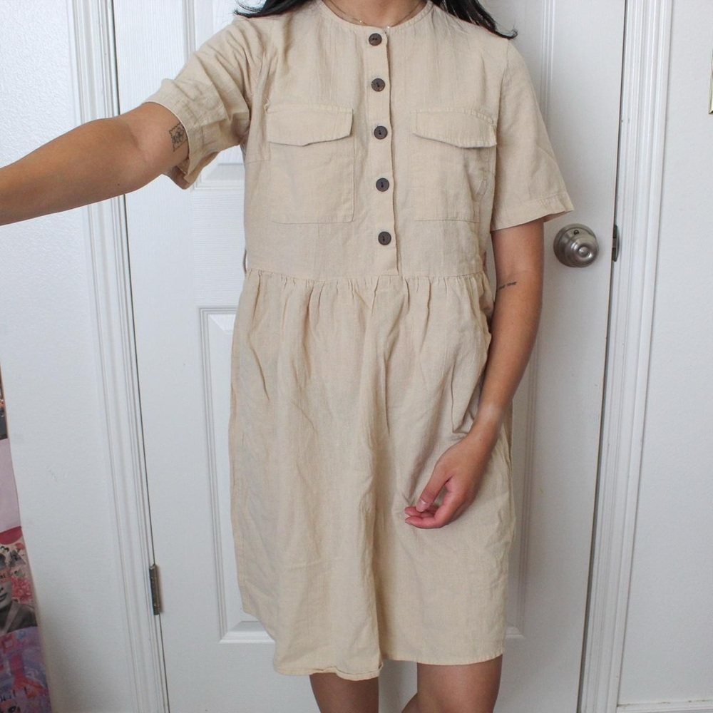 Beige Button-Front Casual Dress